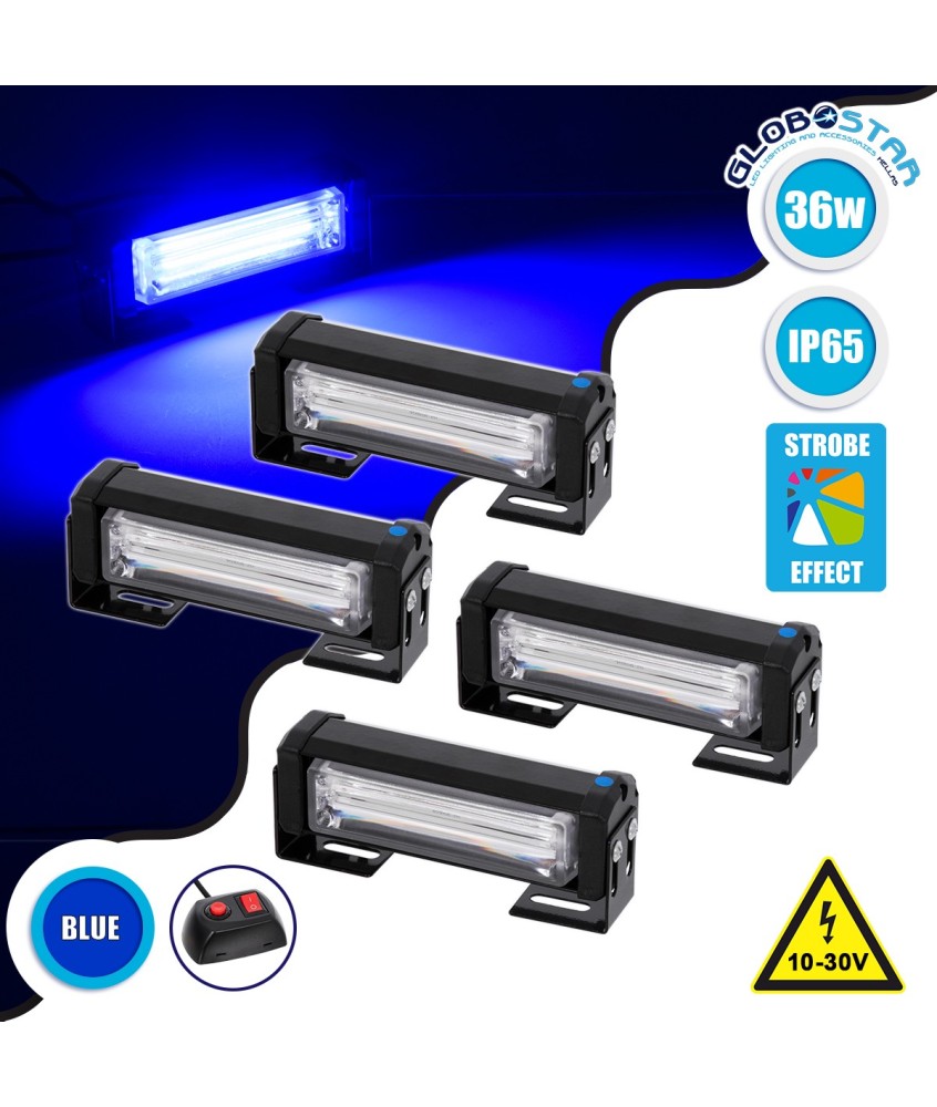 GloboStar® 85032 PRO Series ΣΕΤ 4 x Μπάρες Σήμανσης Οχήματος Αστυνομίας για Αυτοκίνητα & Φορτηγά 13 Προγραμμάτων Φωτισμού STROBE LED CREE CXB COB 36W DC 10-30V Αδιάβροχο IP65 Μπλε